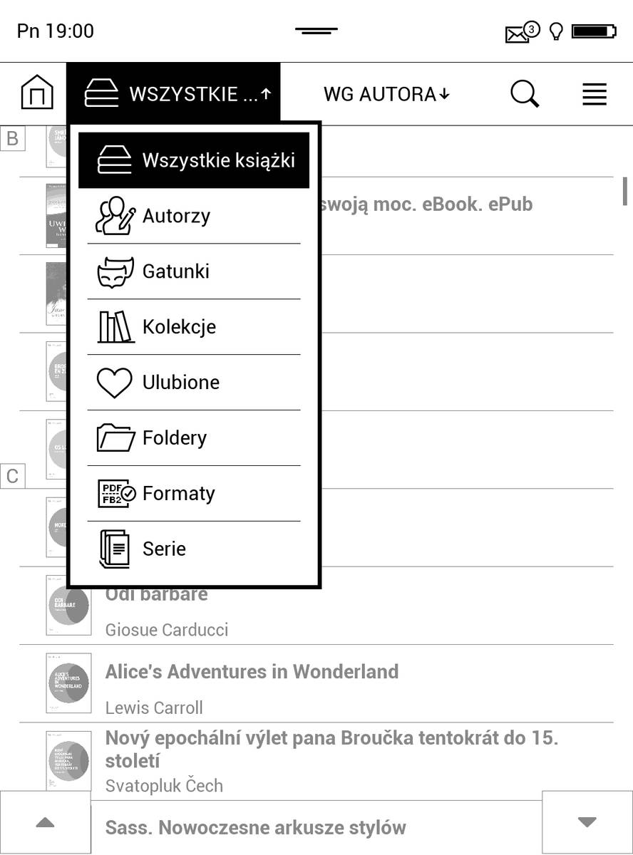 Kryteria grupowania e-booków w PocketBook Touch HD 3