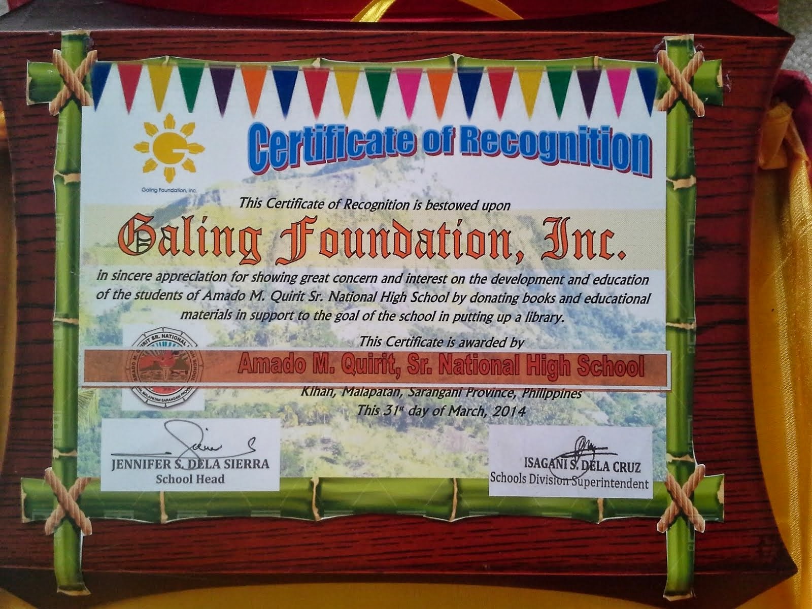 Recognition from Amado M. Quirit Sr. National High School
