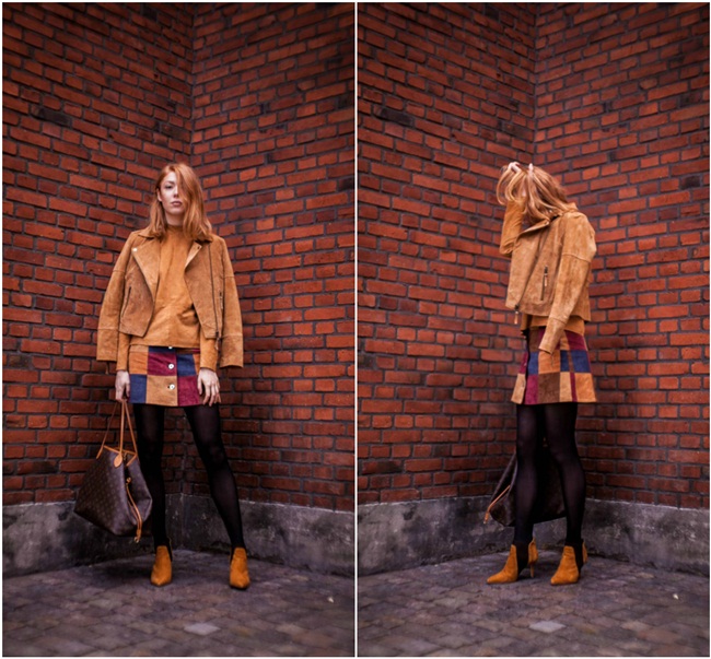 http://mariajernov.com/ ASOS 2015 Fall Patchwork Suede Button Through Skirt