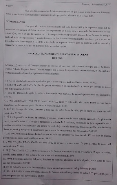 Disposición 29/2017 (hoja 1): Autorización de pago de $130.000 al proveedor Bueno Gabriel Alberto por trabajos en los establecimientos con código: JI907, EEE504 (repaación de ataques de vandalismo), EEE501, JI953, ES01, EP03, CEC801, JI907 (reparación de daños producidos por actos de vandalismo), EP32 (reparación de daños producidos por actos de vandalismo), JI908, EP04, SB16, EP02 Disposición 29/2017 (hoja 1): Autorización de pago de $130.000 al proveedor Bueno Gabriel Alberto por trabajos en los establecimientos con código: JI907, EEE504 (repaación de ataques de vandalismo), EEE501, JI953, ES01, EP03, CEC801, JI907 (reparación de daños producidos por actos de vandalismo), EP32 (reparación de daños producidos por actos de vandalismo), JI908, EP04, SB16, EP02