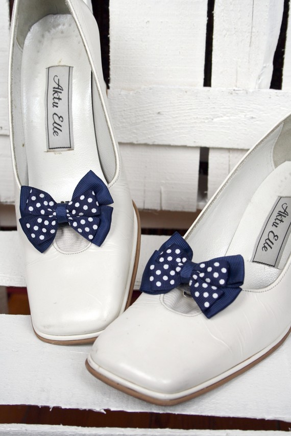 White Wedding Shoes Polkadot Navy Blue