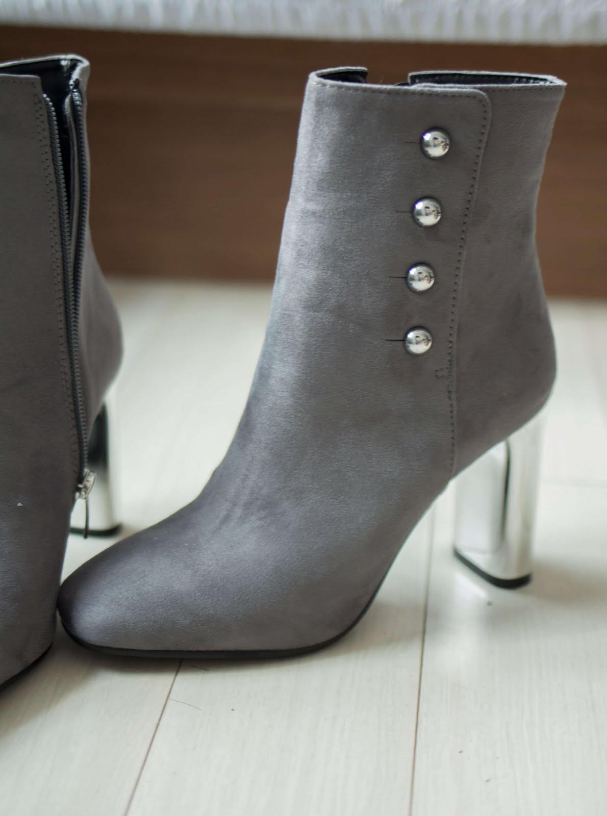 grey suedette ankle boots mirror statement heel