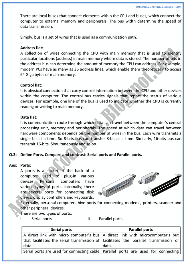 Adamjee Coaching Computer Components Descriptive Question Answers Computer IX