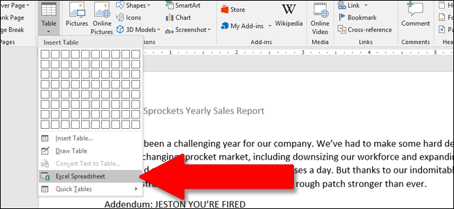 inserire una tabella di Excel in Word 2016