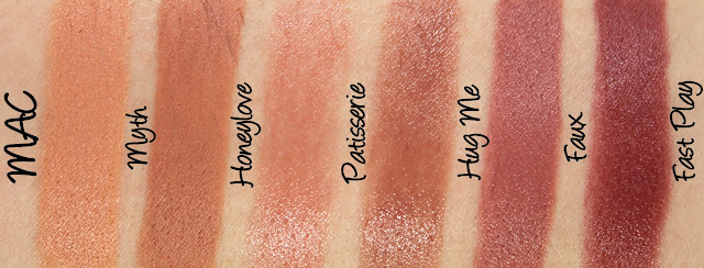 MAC Myth, Honeylove, Patisserie, Hug Me, Faux, Fast Play lipstick swatches & review