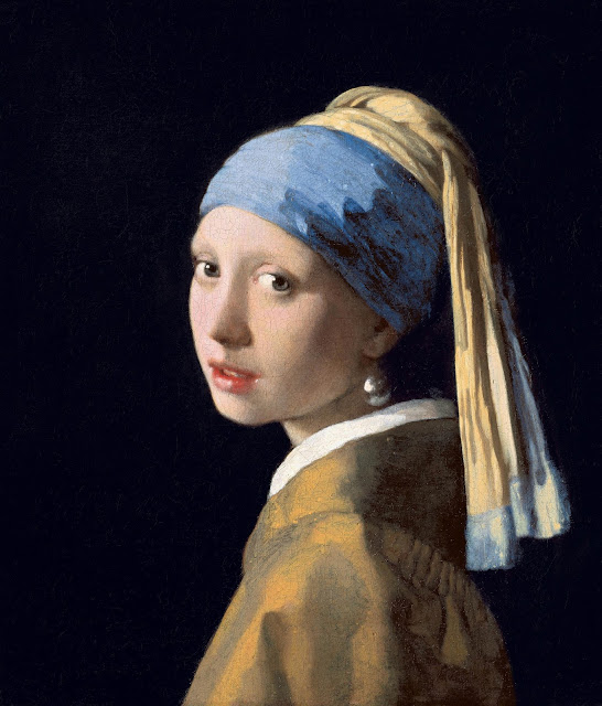 Girl with a Pearl Earring by Johannes Vermeer (circa 1665) is a painting of a young girl, wearing a pearl earring, looking at the viewer over her left shoulder. She wears a colorful scar around her heard, and her mouth is slightly open.