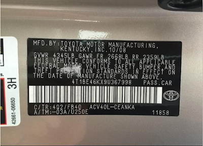 Vin Number On Toyota Camry