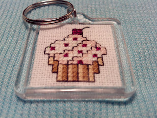 Cross-Stitched Sparkly Pink Cupcake Keychain 