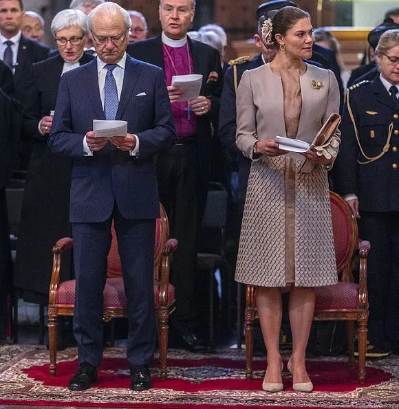 Crown Princess Victoria wore a brown coat and dress by Swedish-Lebanese designer Fadi el Khoury, By Malene Birger pumps and clutch bag