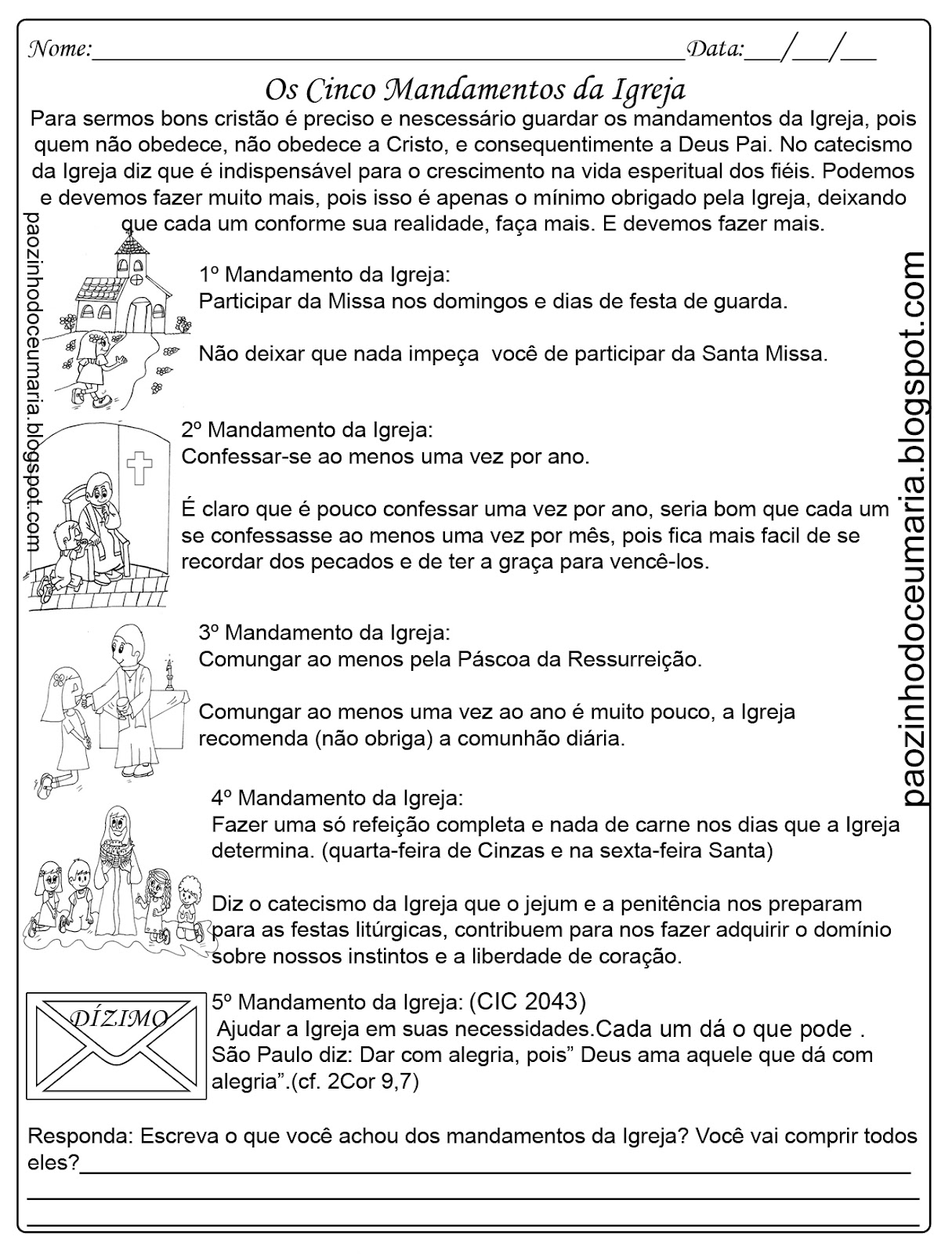 Pãozinho do Céu Mandamentos da Igreja Católica Atividade para Catequese Pãozinho do Céu Mandamentos da Igreja Católica Atividade para Catequese