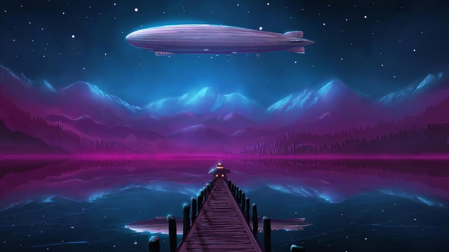 Zeppelin, Night, Lake, Scenery, Digital Art, 4K, #6.1050