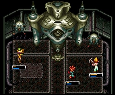Crono, Marle, and Lucca battle the Guardian beneath Arris Dome in 2300 AD