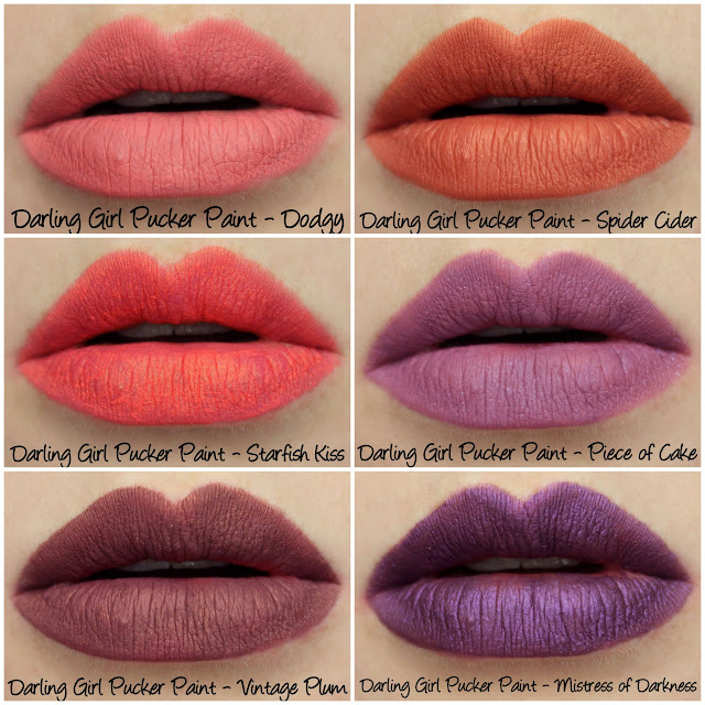 Darling Girl Pucker Paints - Dodgy, Spider Cider, Starfish Kiss, Piece of Cake, Vintage Plum and Mistress of Darkness Swatches & Review