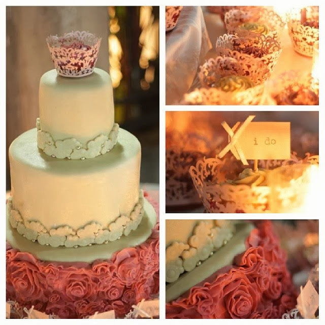 ivory and pink ruffled wedding cake