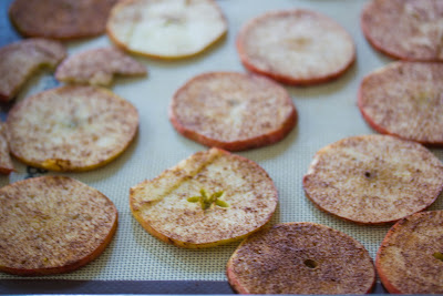 sliced apples with cinnamon on them laying on a baking mat