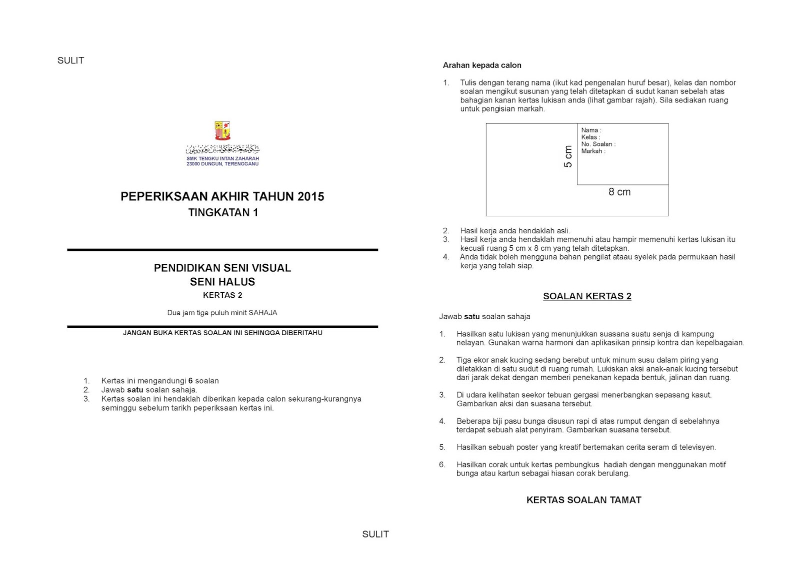 Seni Visual Contoh Kertas Soalan Untuk Peperiksaan Akhir Tahun