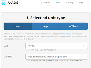 Pilih unit iklan dan isi alamat situs Langkah 3 Cara Daftar A-ads