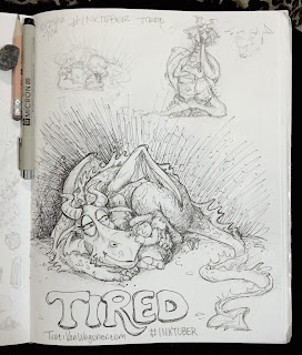 Sleepy Sugar Plum Dragon and Friend pen and ink by Traci Van Wagoner