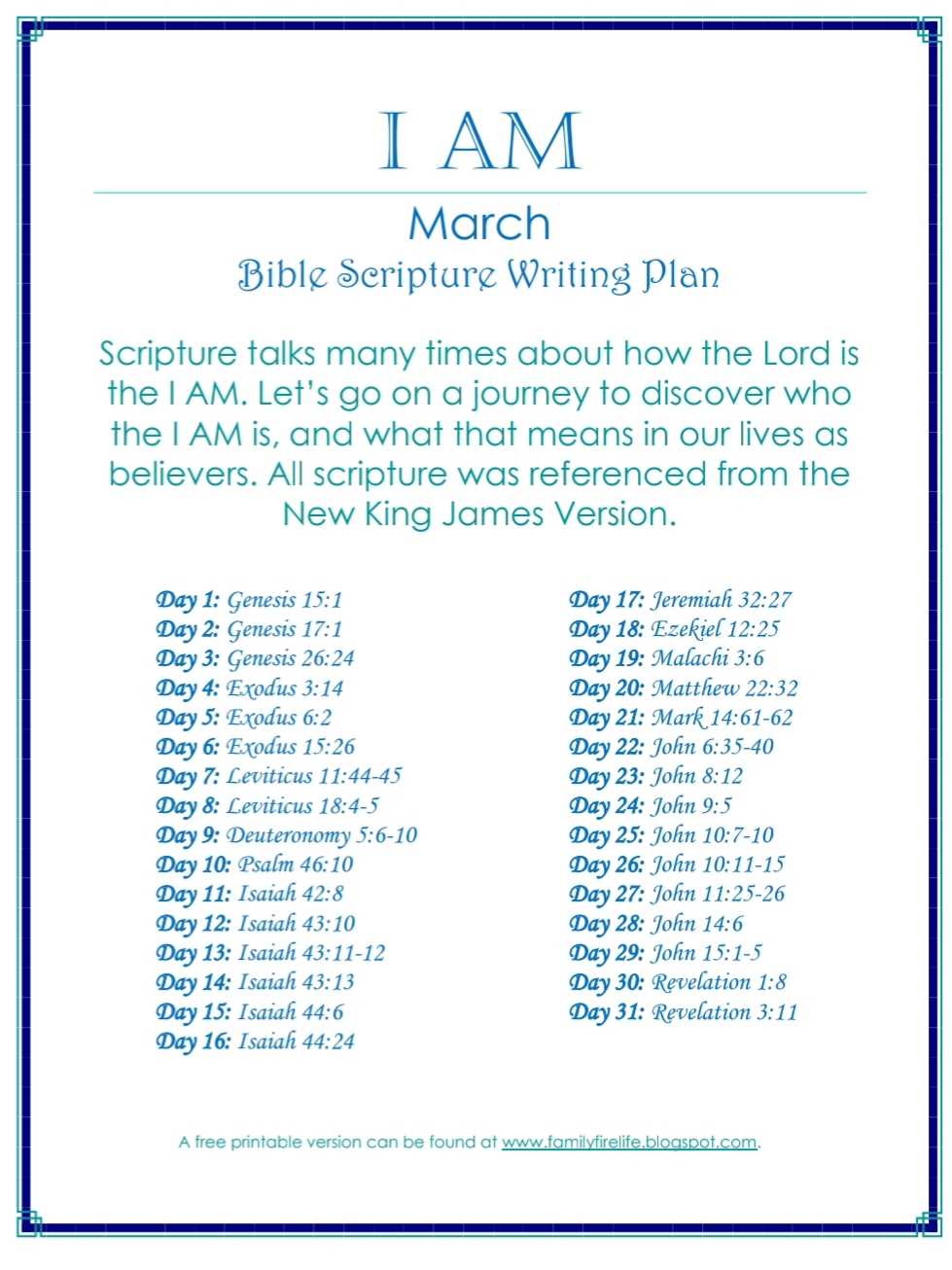 Family Fire Life March Scripture Writing PlanI AM