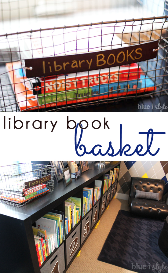 {five minute friday} Library Book Basket with a Leather Label Blue i