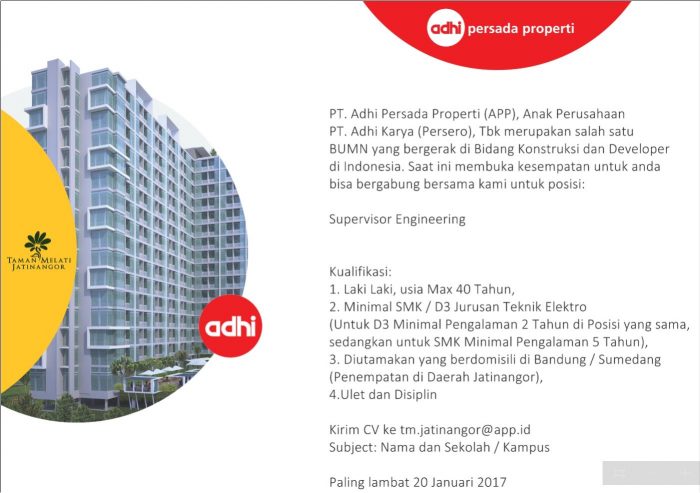 Lowongan Kerja PT Adhi Persada Properti Minimal SMK Lowongan Kerja PT Adhi Persada Properti Minimal SMK