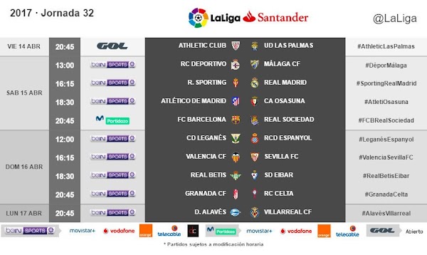 Liga Santander 2016/2017, horarios confirmados de la jornada 32 y 33
