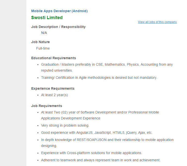 swosti limited has been announced a job circular for the recruitment of mobile apps developer android please see the job details - App Developer Job Description swosti limited has been announced a job circular for the recruitment of mobile apps developer android please see the job details - App Developer Job Description