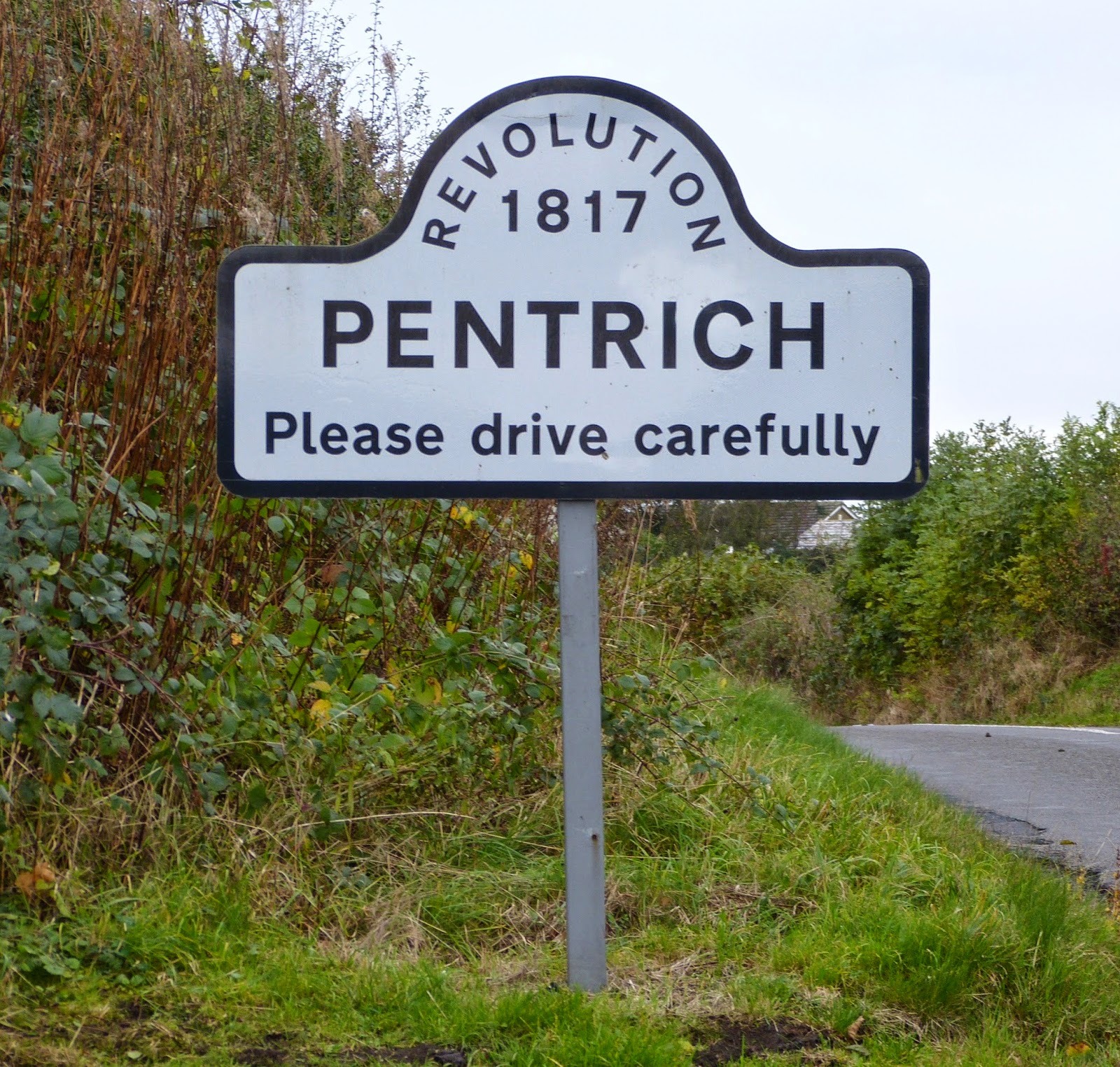 Road sign on entering Pentrich, Derbyshire