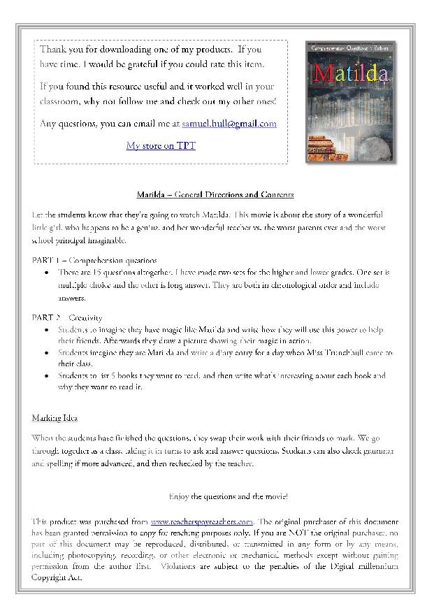 Matilda 1996 Movie Comprehension Questions Activities