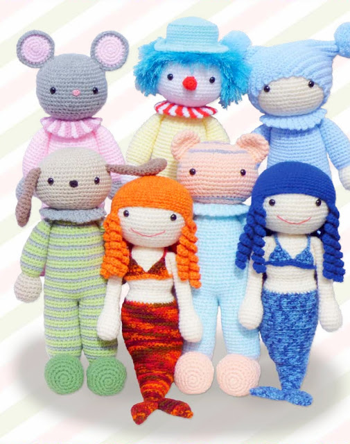 animal, clown and mermaid doll crochet pattern