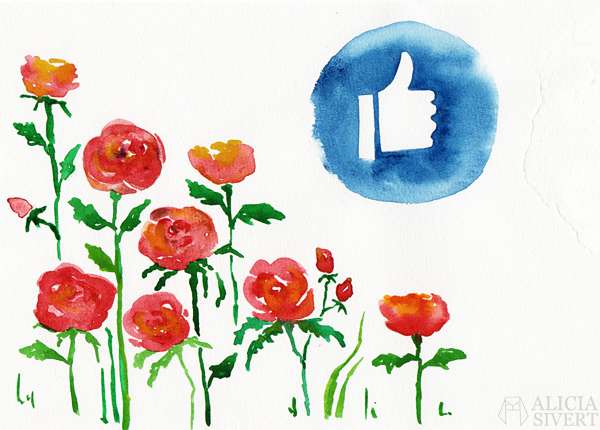 "Like", watercolour painting by Alicia Sivertsson, 2016. like facebook watercolor watercolour water color colour akvarell aquarelle vattenfärg måla målning paint painting rose roses thumbs up gilla en tjej tumme upp feminism 8:e mars manifest