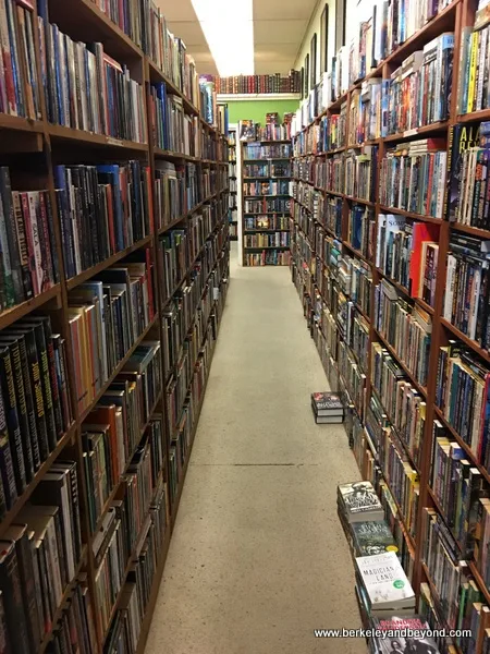 atmospheric book stacks at The Book Juggler in Willits, California