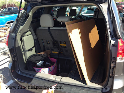 DIY bulletin board pieces in back of van, from Fun Cheap or Free