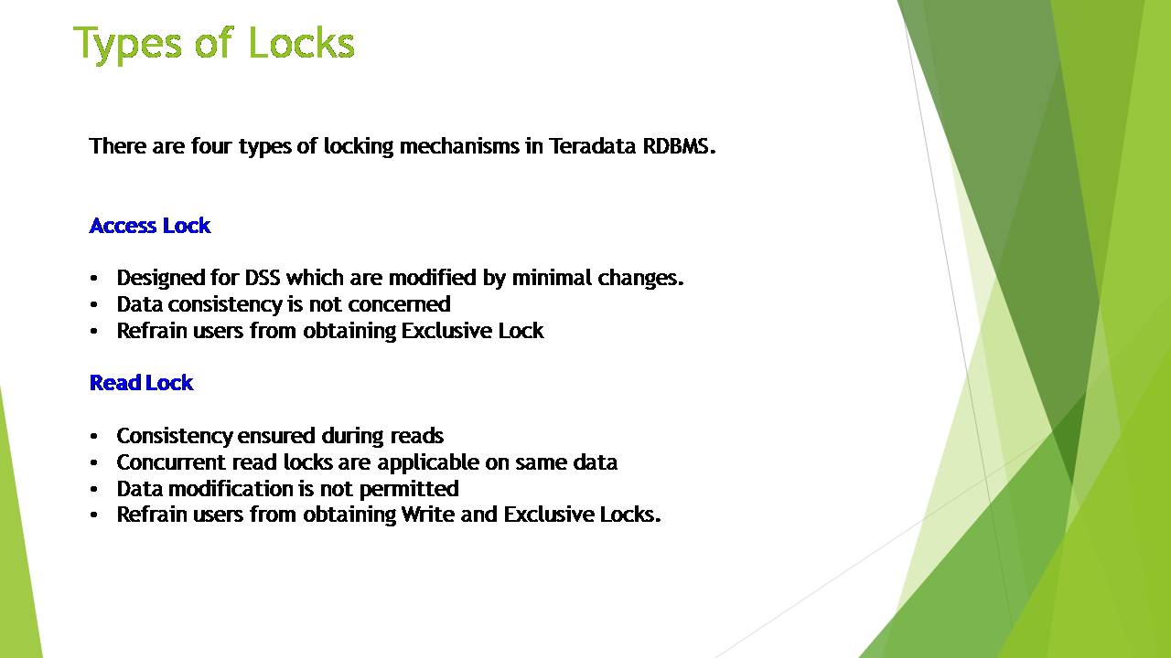Database and Warehouse Concepts Teradata Locks