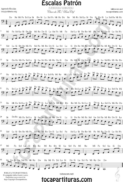  Partitura en Clave de Fa con Notas en letras Escala de Do Patrón en Corcheas - Técnicas Ejercicio Estudio Clave de Fa - Bass Clef