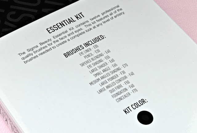 Sigma Essential 12 Piece Brush Kit from Beauty Chamber - Review Image of the back of the Sigma Essential 12 Piece Brush Kit with the names of the brushes included