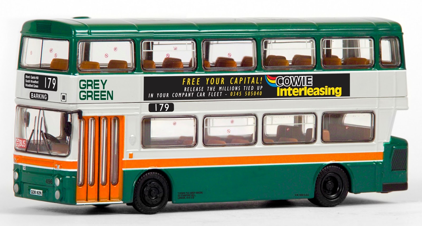 EFE 29012 - GM Standard Fleetline - Grey Green Exclusive First Editions EFE 29012 - GM Standard Fleetline - Grey Green Depicted in Grey Green livery, at the time Arriva was being formed, this GM Standard Fleetline works route 179 to Barking. Registered GDB 162N, fleet number 496 displays colourful in house adverts for The Cowie Group. RRP £32.50