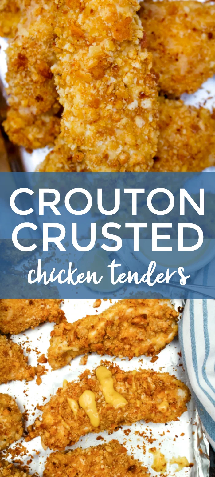 Crouton Crusted Chicken Tenders are coated in a golden, crunchy, crushed crouton coating that will make you forget all about traditional breadcrumbs! #chickentenders #bakedchicken
