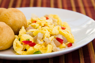 Ackee with salted cod fish and vegetables