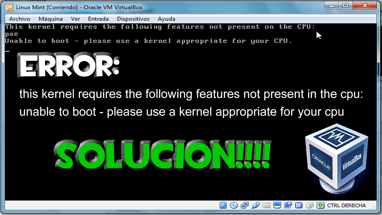 Virtual Box this Kernel requires an x86-64 CPU. Linux error codes