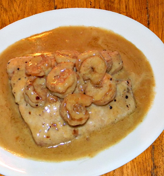 Wish Upon A Dish Sea Bass topped with Shrimp in a Creamy Garlic Cognac