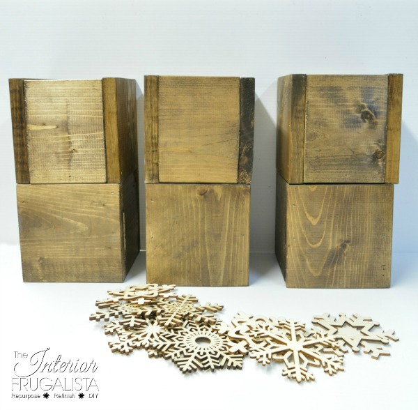 Supplies needed to make rustic wood Christmas boxes.