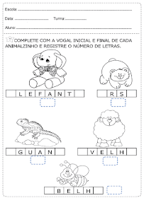 Complete com a vogal inicial e final de cada animalzinho e registre o número
