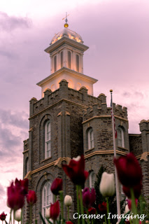 Cramer Imaging's professional quality fine art photograph of the Logan Utah temple with red and white tulips at sunset