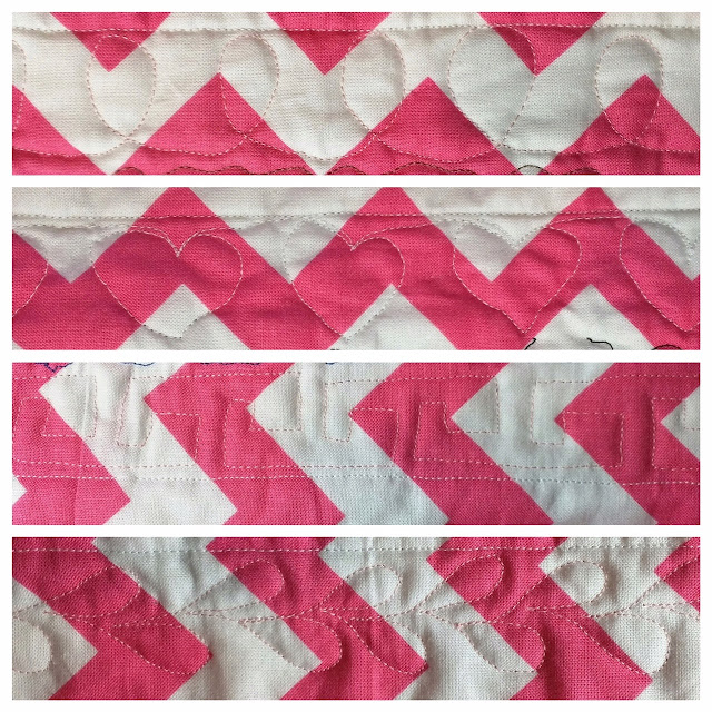Free motion quilting designs Designs of loops, hearts, Greek key, and leaves in free-motion quilting