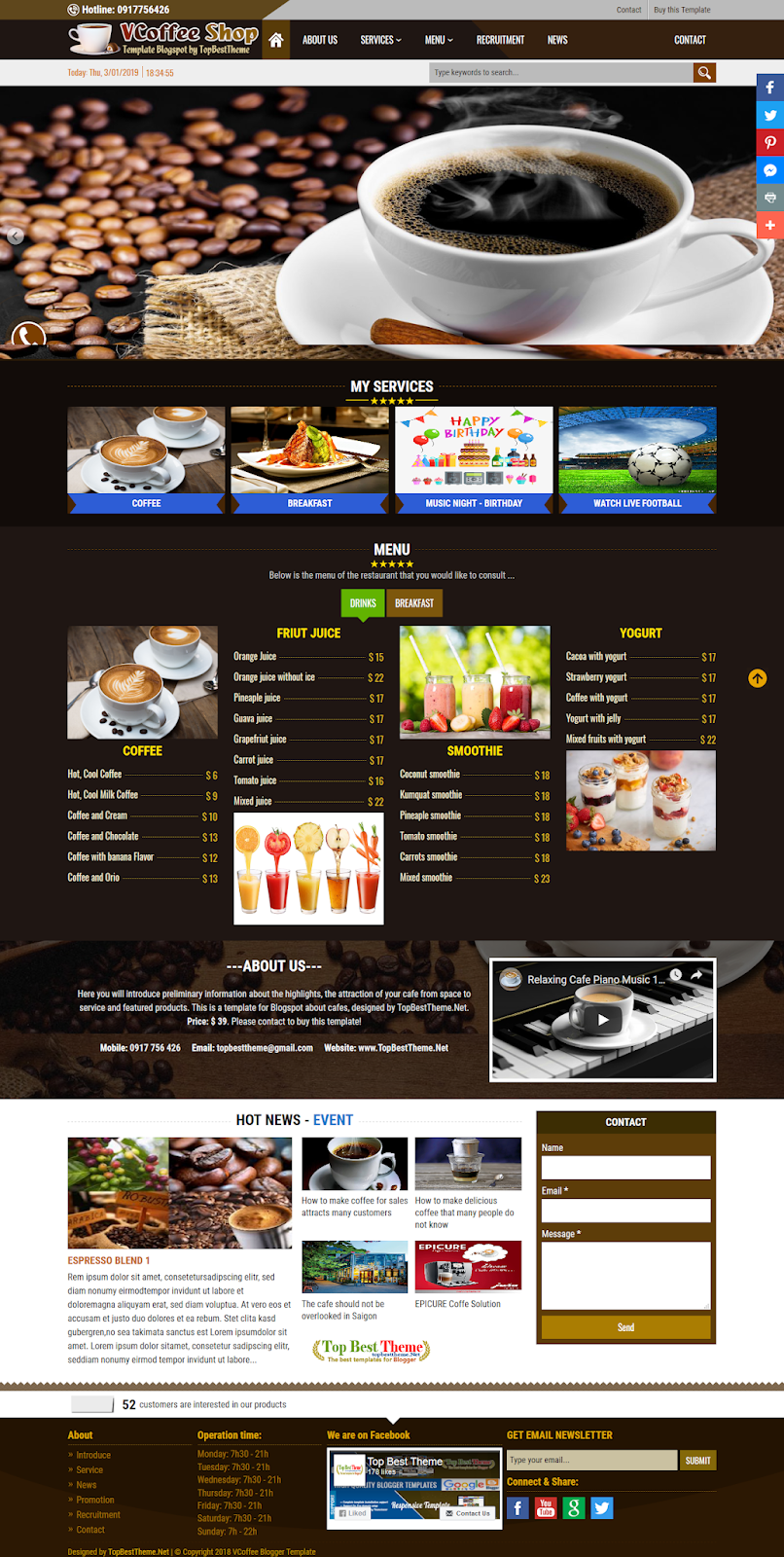 VCoffee Shop Blogger Template for Coffee shop website