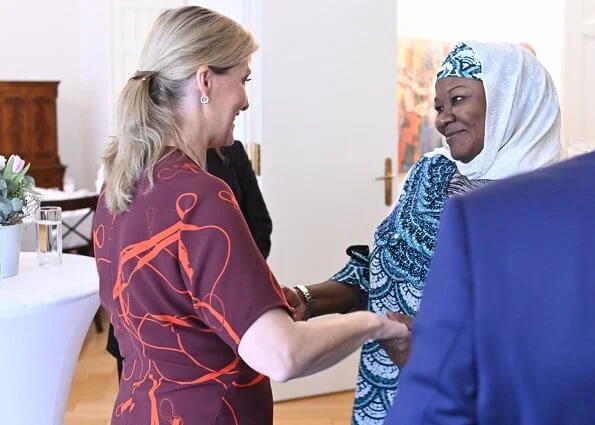 The Countess of Wessex wore a new print midi dress by Victoria Beckham at GBDE event at Munich Security Conference