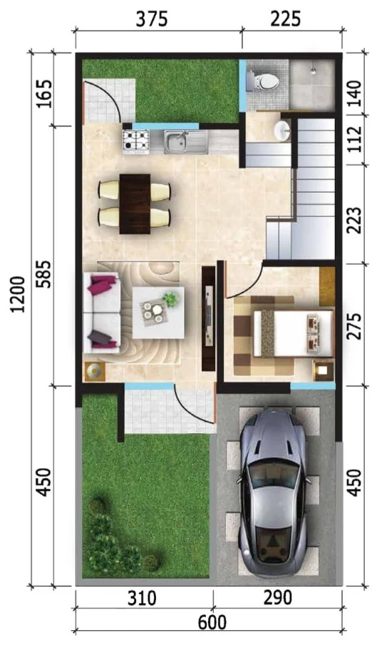 Denah rumah minimalis ukuran 6x12 meter 3 kamar tidur 2 lantai