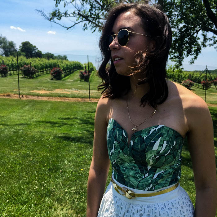 what to wear to a winery. | A.Viza Style | loft skirt. - palm print romper - Stone Tower Winery Leesburg, VA