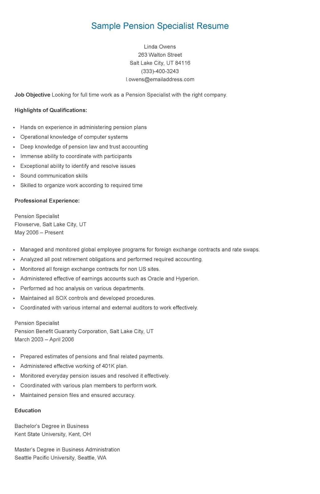 Resume Samples Sample Pension Specialist Resume